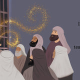 Illustration of a group of people looking through bars towards a light, with text about spreading teachings. Imam Musa al-Kadhim by Sanadi Publications written by Rola Fahs illustrations by Tatheer Farwa