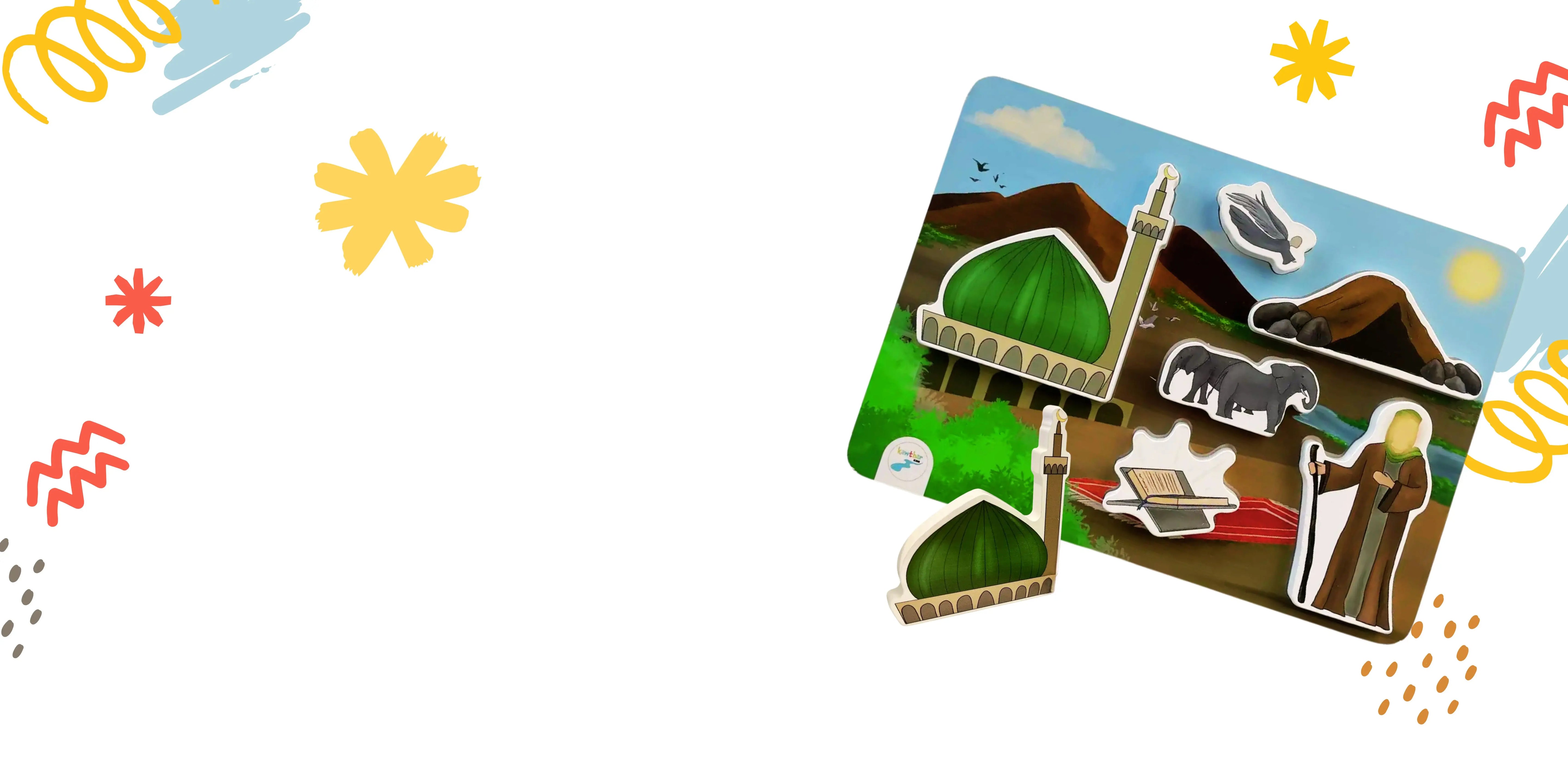 Colorful illustration of a landscape with buildings and people on a white background