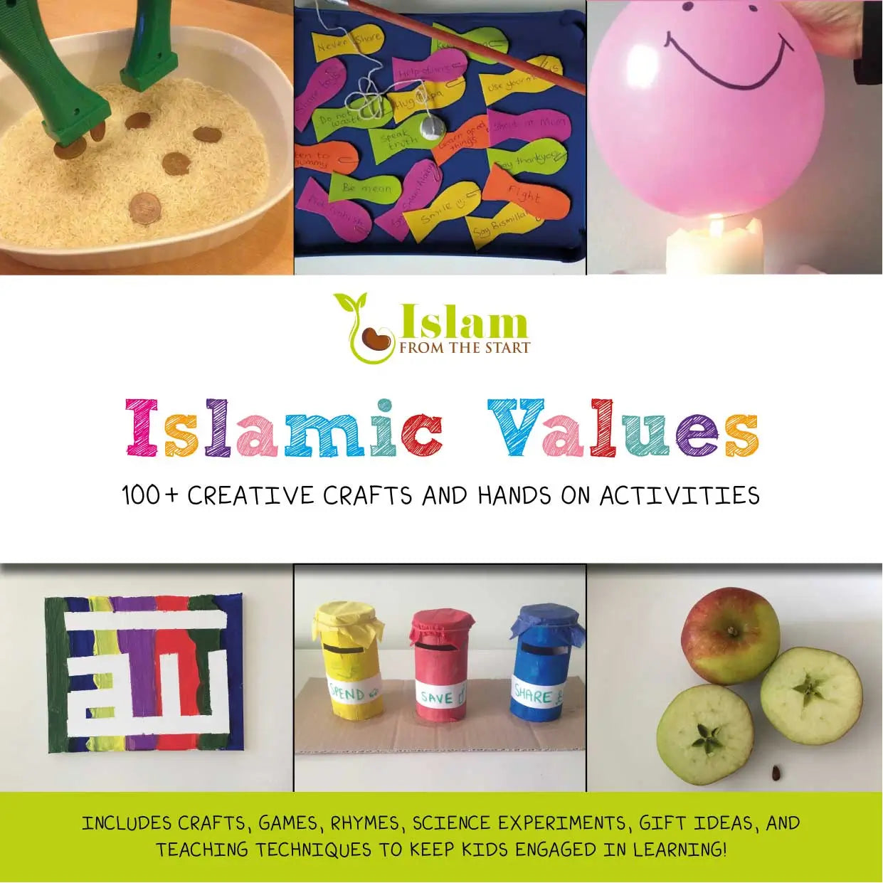 Promotional image for 'Islamic Values' with craft items and educational activities.