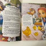 Illustrated book open to a page with characters and text, featuring a girl and hens.