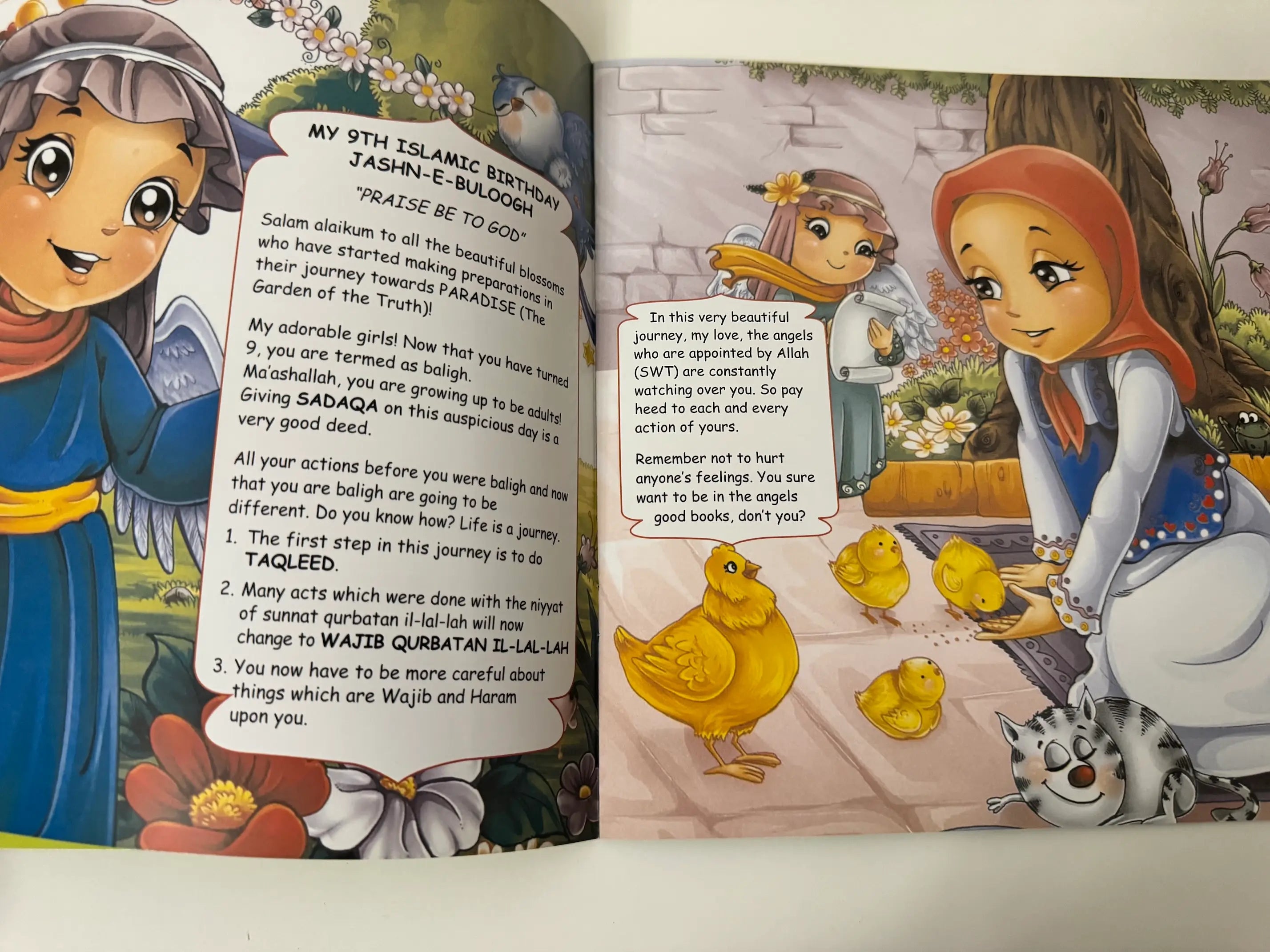 Illustrated book open to a page with characters and text, featuring a girl and hens.