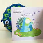 Children's book with a peacock character on a plain background