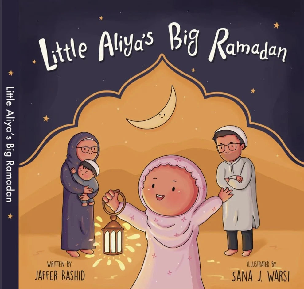 Book cover of 'Little Aliya's Big Ramadan' with illustrations of children and a crescent moon.