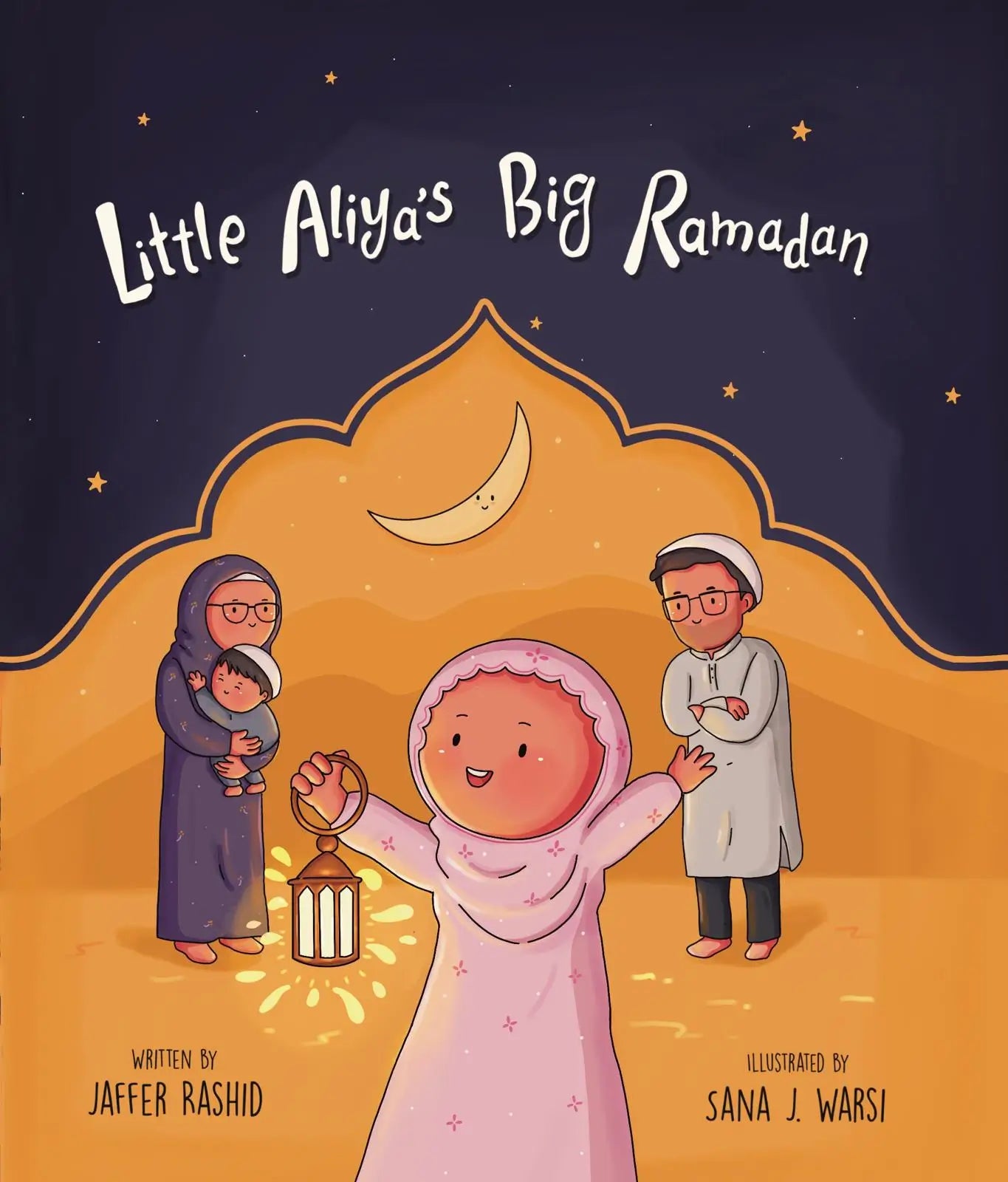 Book cover of 'Little Aliya's Big Ramadan' with illustrations of a family and a crescent moon.