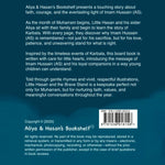Bookback with text about a children's book on Imam Hussein, featuring a blue gradient background.