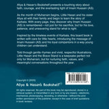 Bookback with text about a children's book on Imam Hussein, featuring a blue gradient background.