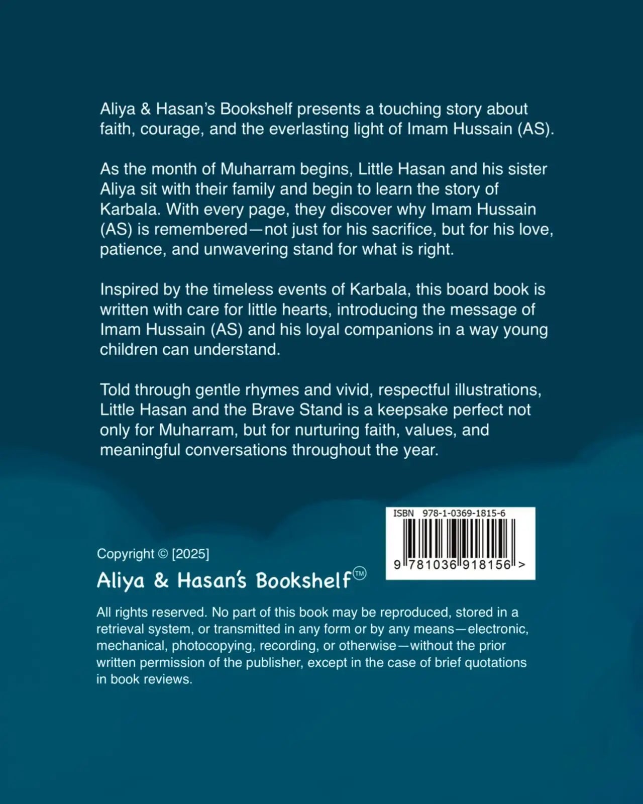 Bookback with text about a children's book on Imam Hussein, featuring a blue gradient background.