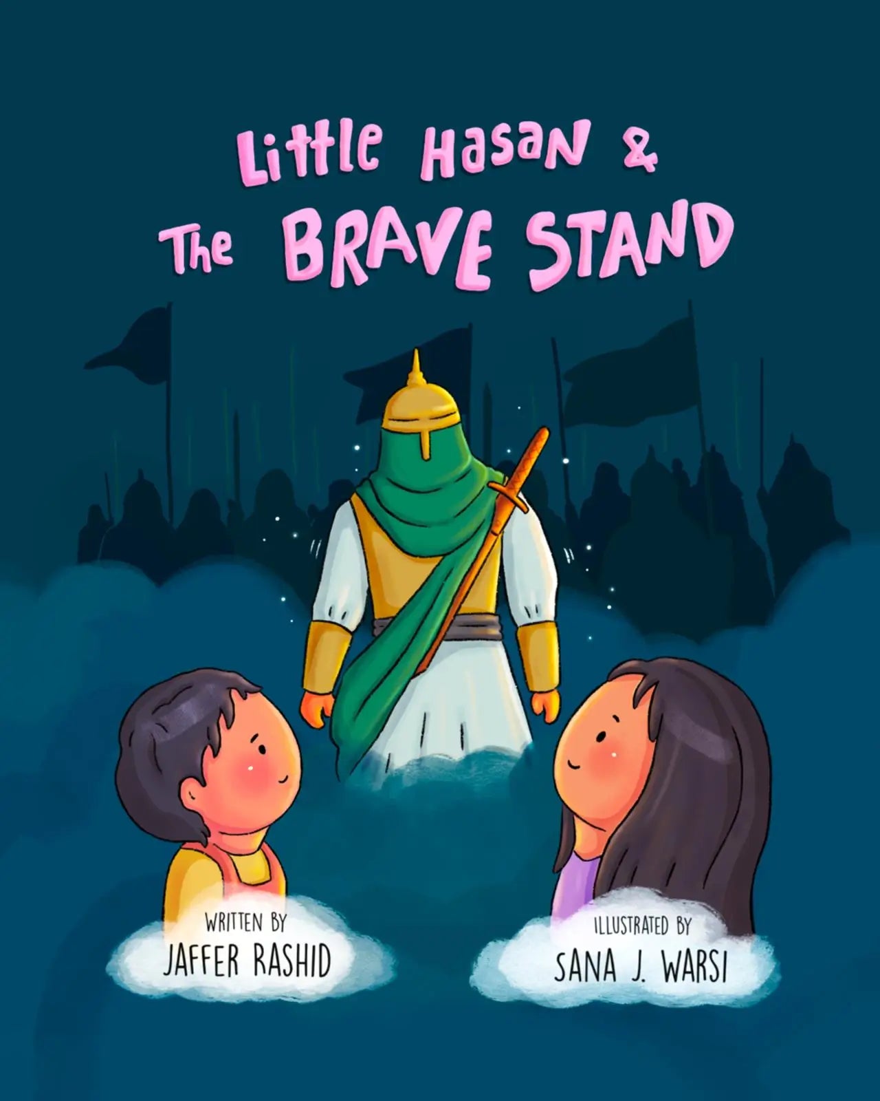Book cover of 'Little Hasan & The Brave Stand' with characters and title on a dark blue background