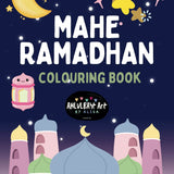 Cover of 'Mahe Ramadhan' coloring book with a mosque, crescent moon, and stars on a dark blue background.