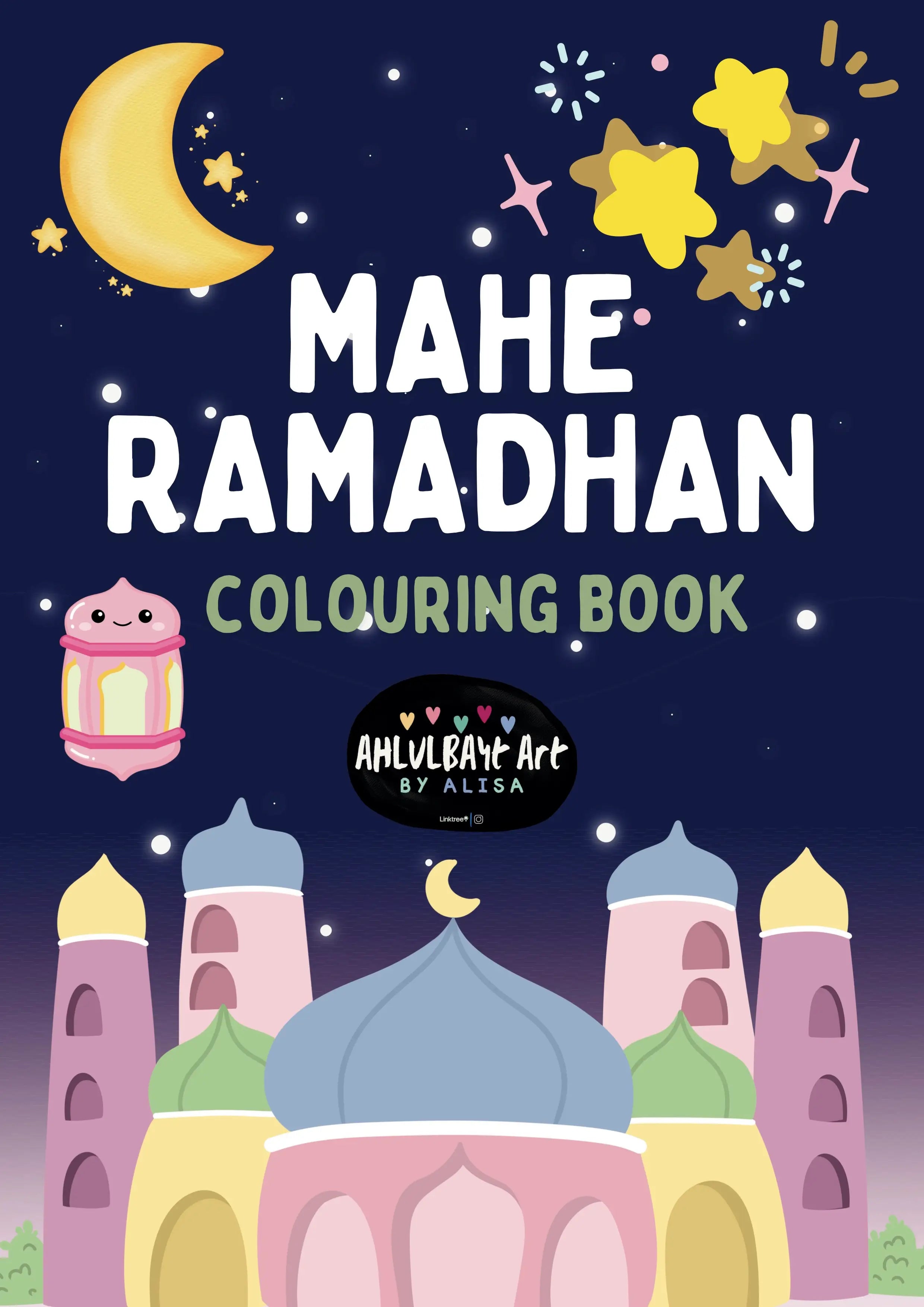 Cover of 'Mahe Ramadhan' coloring book with a mosque, crescent moon, and stars on a dark blue background.