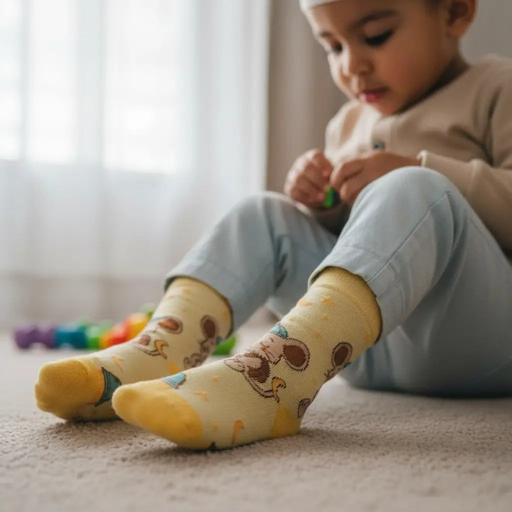 A child sitting on a carpeted floor wearing pale yellow socks with a cartoon mouse pattern, paired with light blue pants.