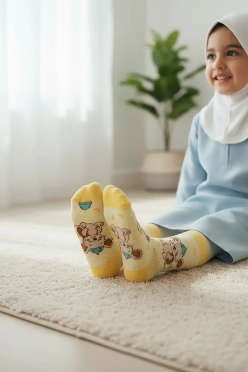 A smiling child wearing a light blue dress and white hijab sits on a cream rug indoors, with yellow socks featuring cartoon teddy bear prints prominently shown in the foreground.