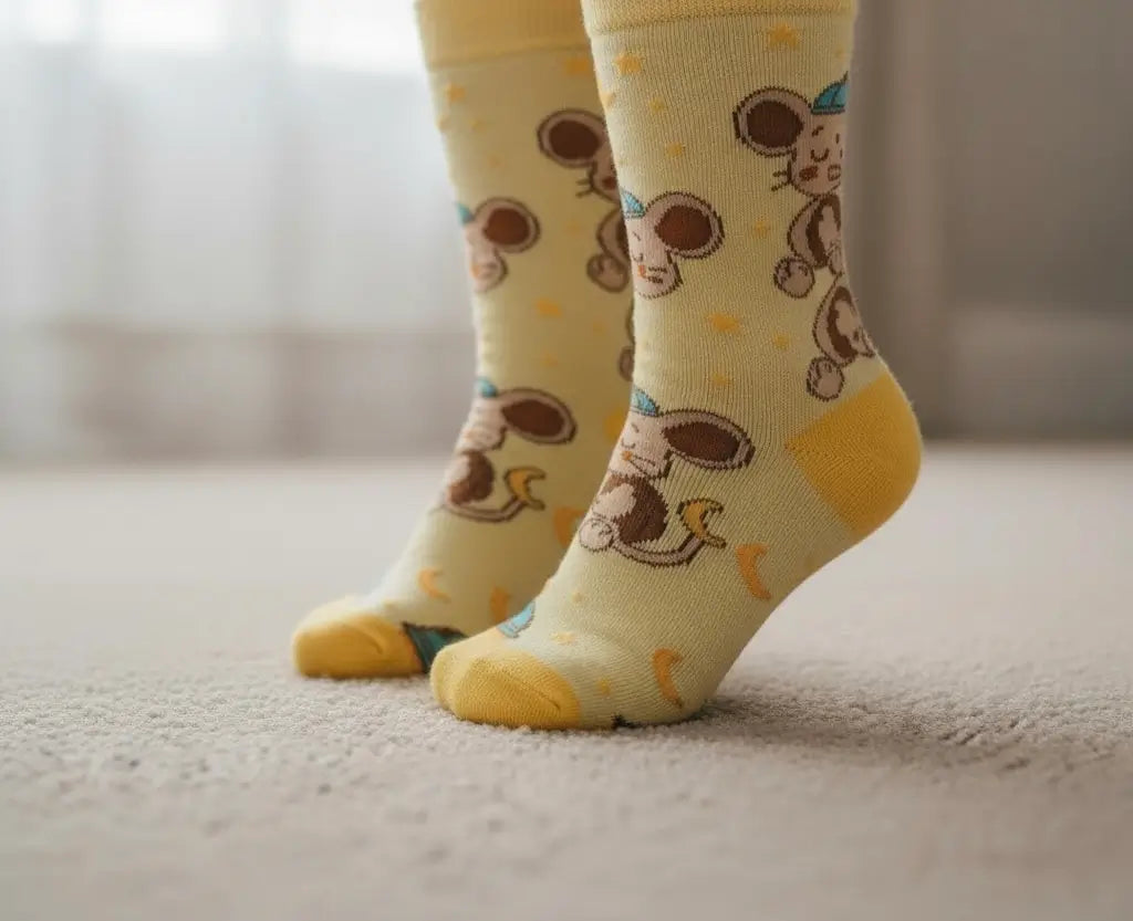 A pair of pale yellow baby socks with a cartoon monkey and duck pattern, shown on a child's feet standing on a light-colored carpet.