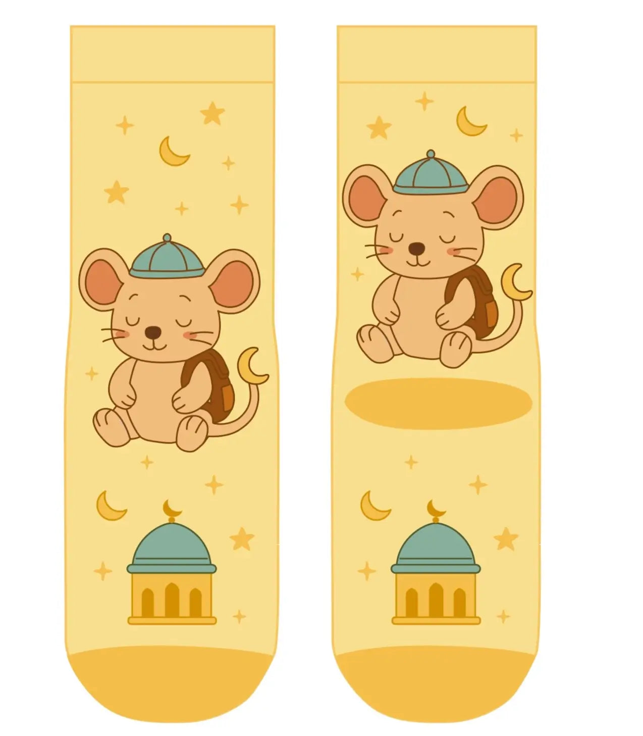 A pair of pale yellow crew socks with a cartoon mouse wearing a blue cap and brown backpack, surrounded by yellow stars and crescent moons, with a small mosque illustration near the toe.