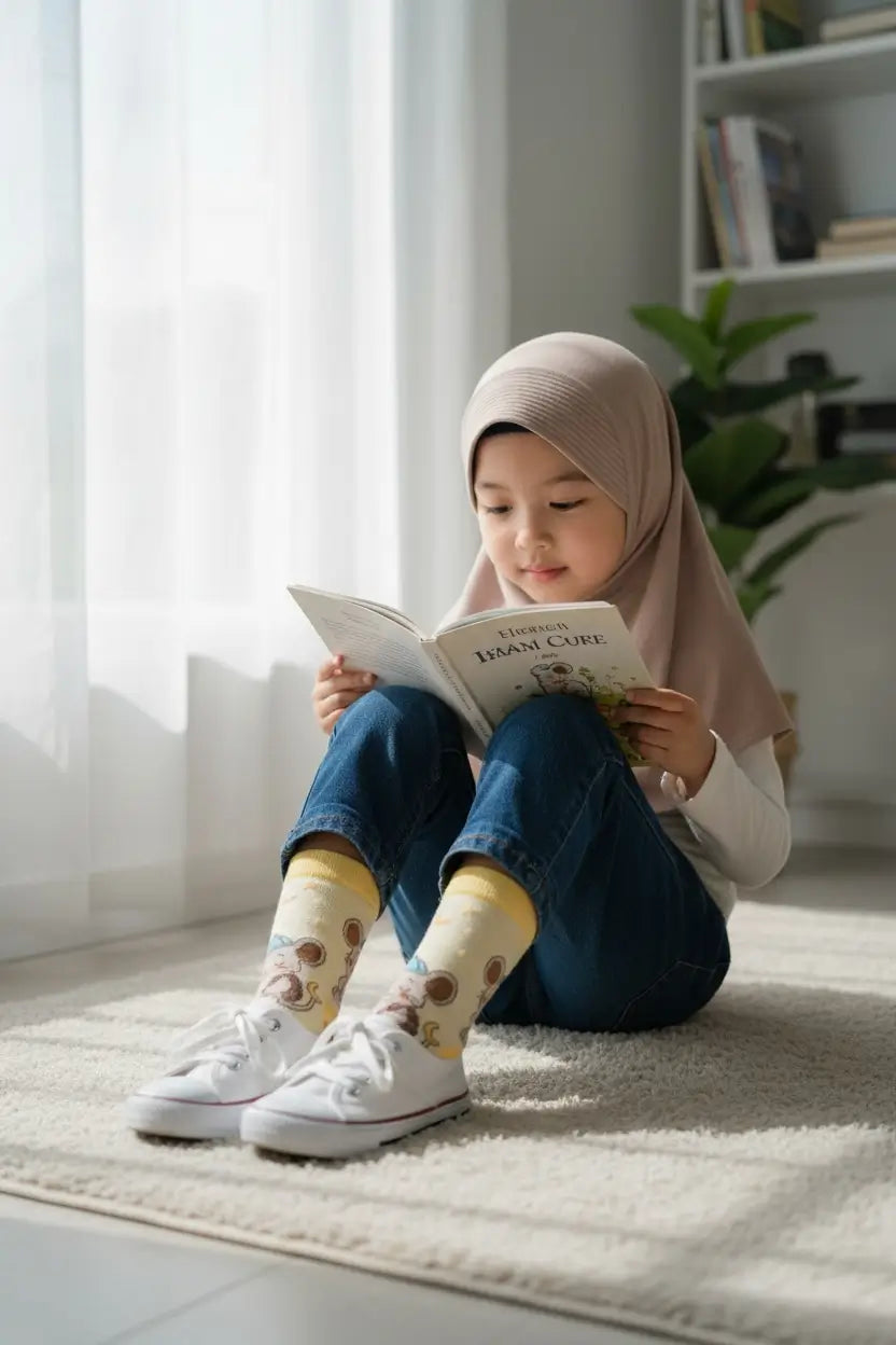 A young girl wearing a beige hijab, blue jeans, and white sneakers sits on a cream rug, reading a book in a bright, sunlit room.