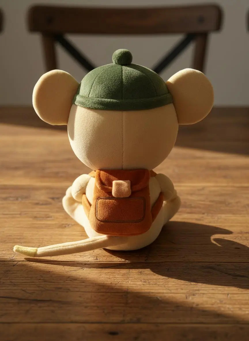 A plush mouse toy shown from the back, wearing a green cap and orange backpack, sitting on a wooden table in warm sunlight.