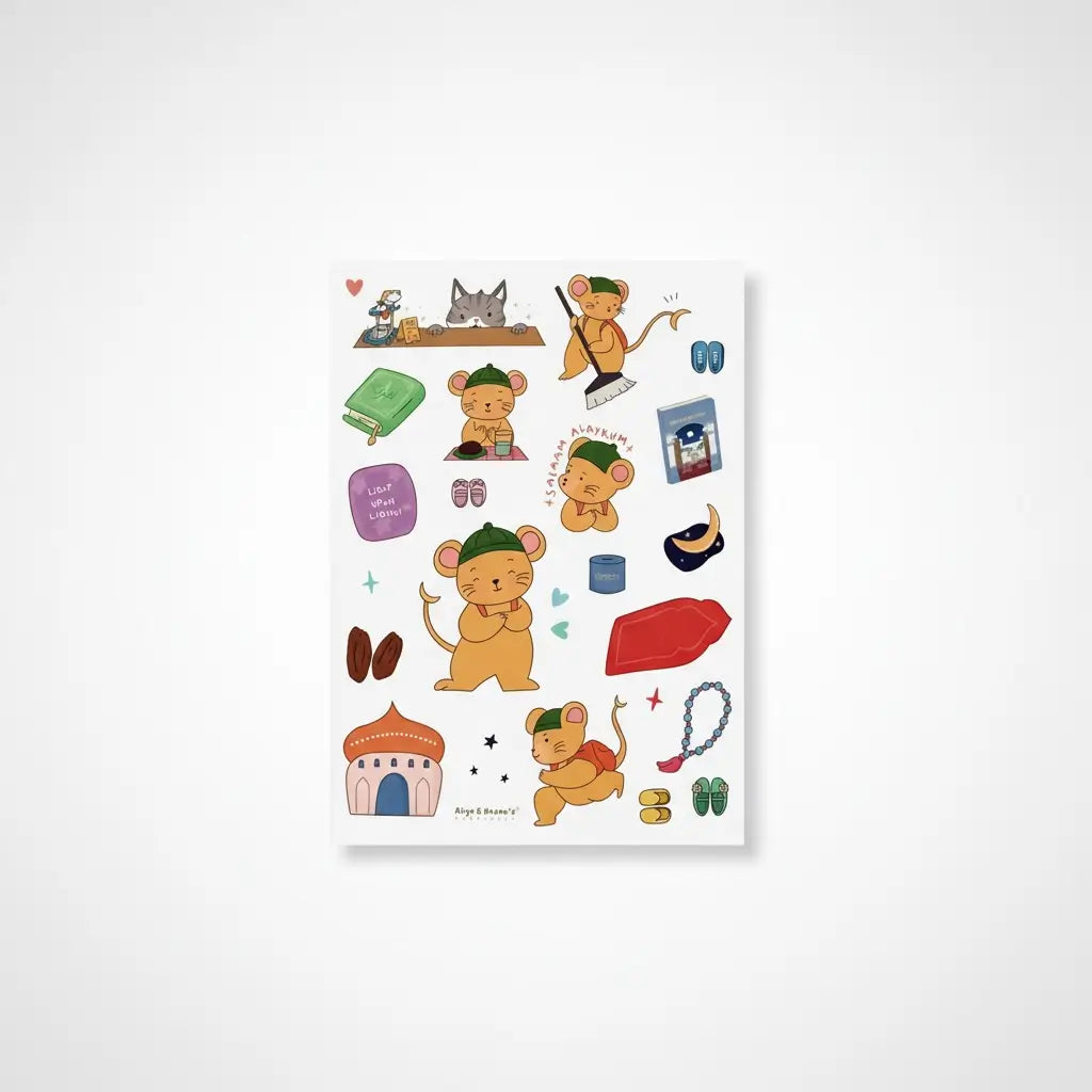 A sheet of cute cartoon Masjid mouse stickers on a white background, featuring various mouse characters in different activities with colorful accessories.