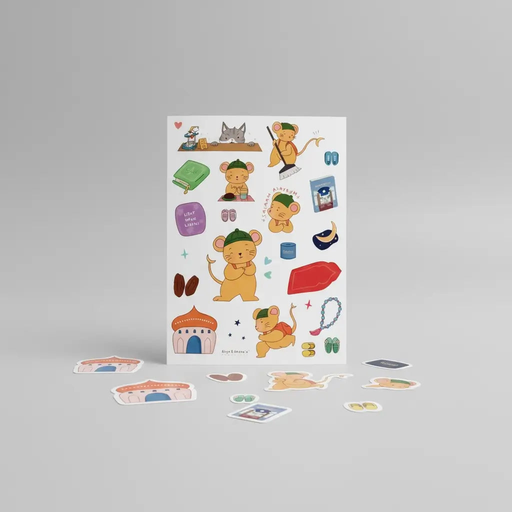 Sheet of Masjid Mouse colourful stickers with various illustrations on a gray background
