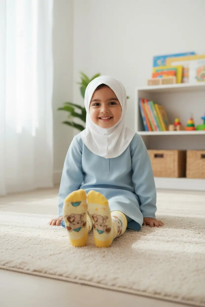 A young child wearing a light blue modest outfit, white hijab, and Aliya and Hasan Bookshelf yellow socks sits smiling on a cream rug in a bright, modern playroom.
