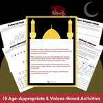 Islamic Activity Book with educational pages on a dark background