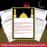 Islamic Activity Book with educational pages on a dark background