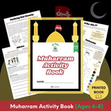 Muharram Activity Book for ages 6-8 with printed book design on a dark background