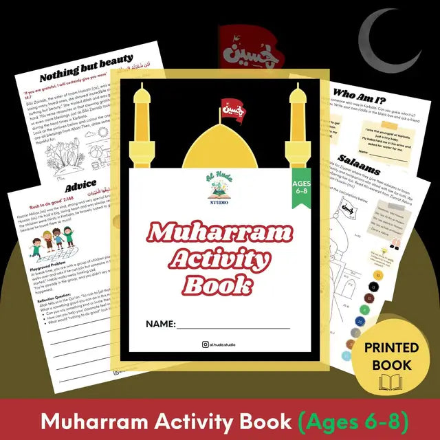 Muharram Activity Book for ages 6-8 with printed book design on a dark background