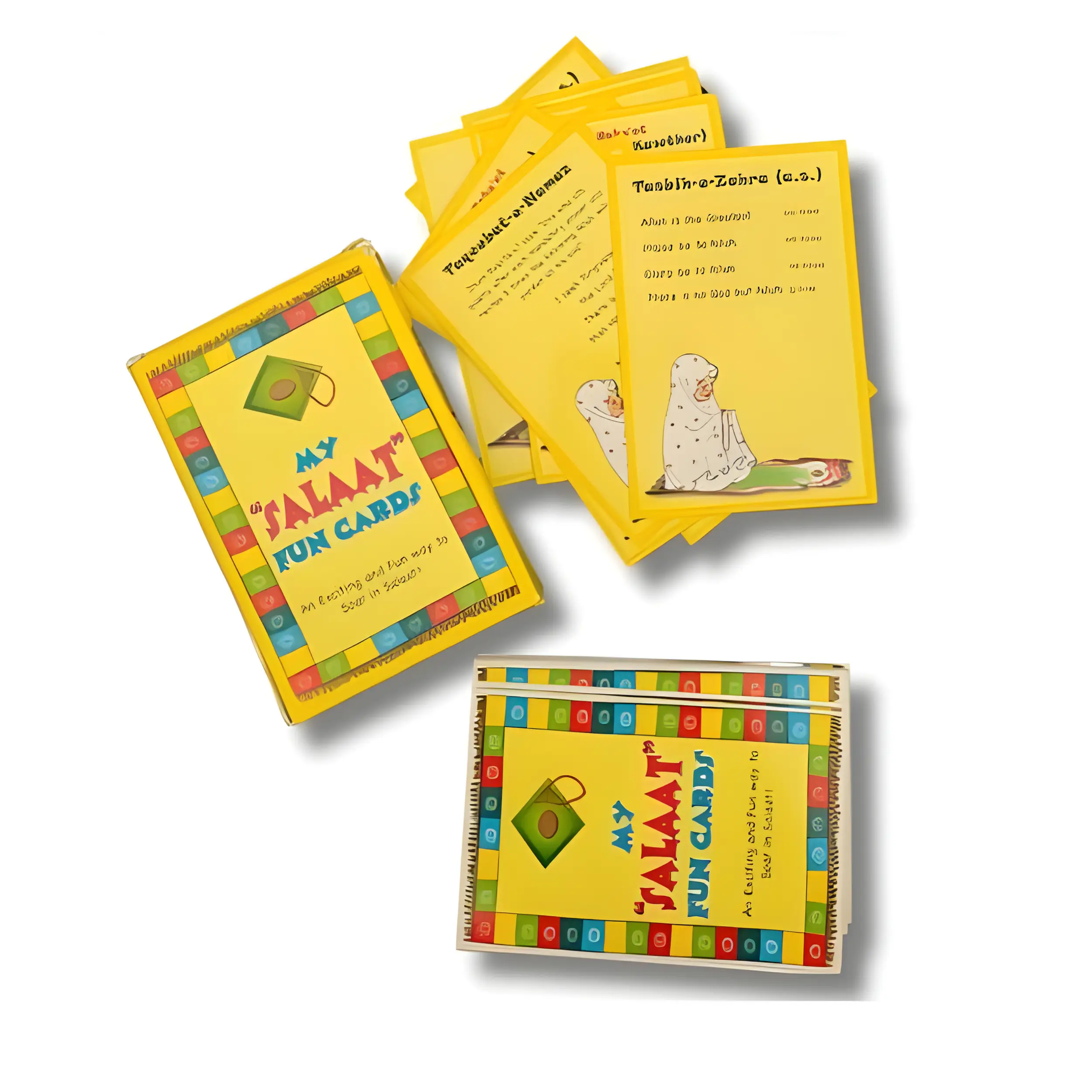 Yellow card games with colorful borders on a white background