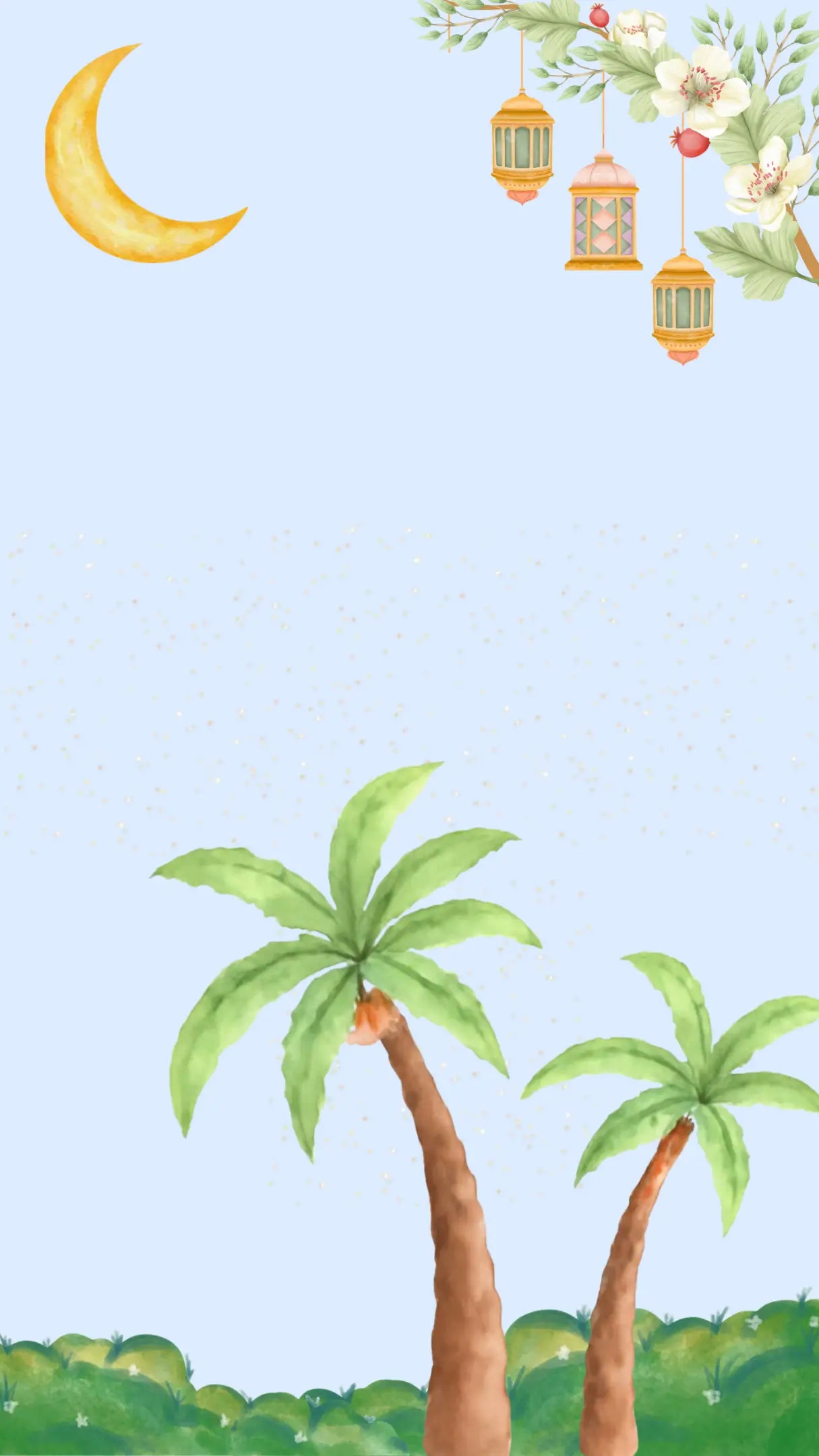 Decorative design with palm trees, a crescent moon, lanterns, and flowers on a light blue background.