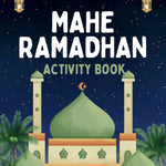 Cover of 'Mahe Ramadhan Activity Book' with a mosque illustration and lanterns on a dark blue background.