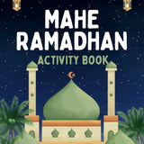 Cover of 'Mahe Ramadhan Activity Book' with a mosque illustration and lanterns on a dark blue background.
