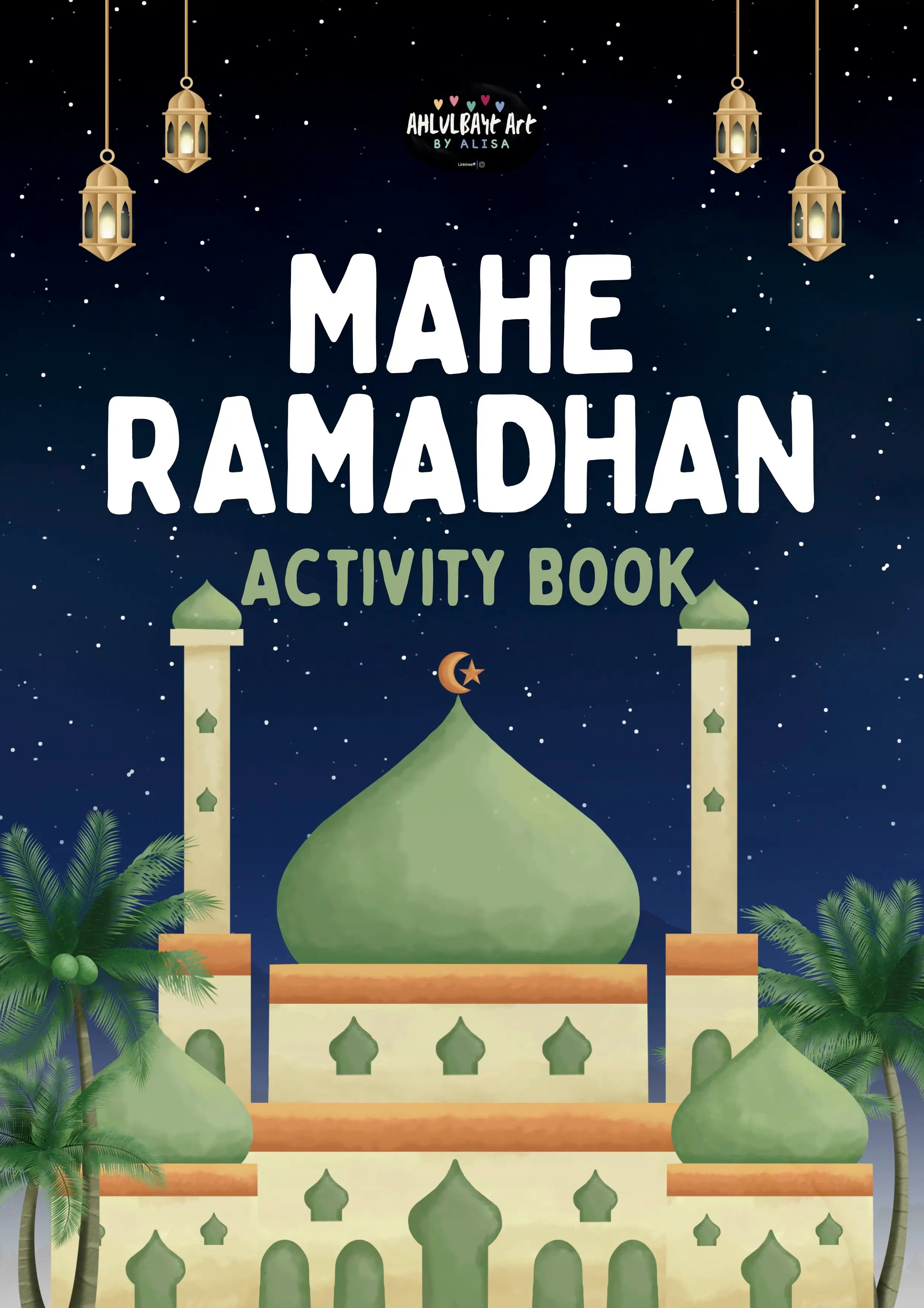 Cover of 'Mahe Ramadhan Activity Book' with a mosque illustration and lanterns on a dark blue background.