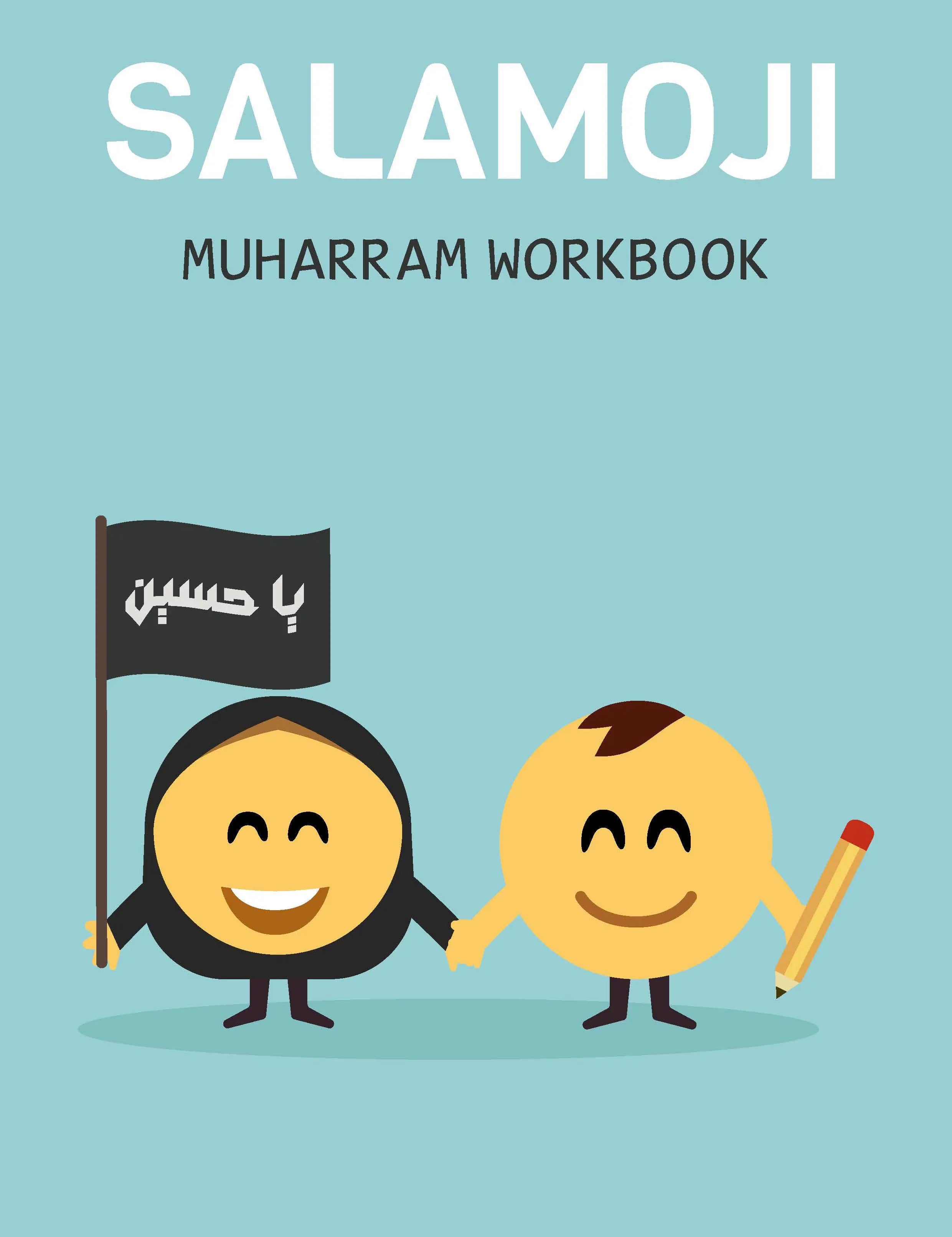 Cover of 'Salamoji Muharram Workbook' with cartoon characters and a flag on a blue background