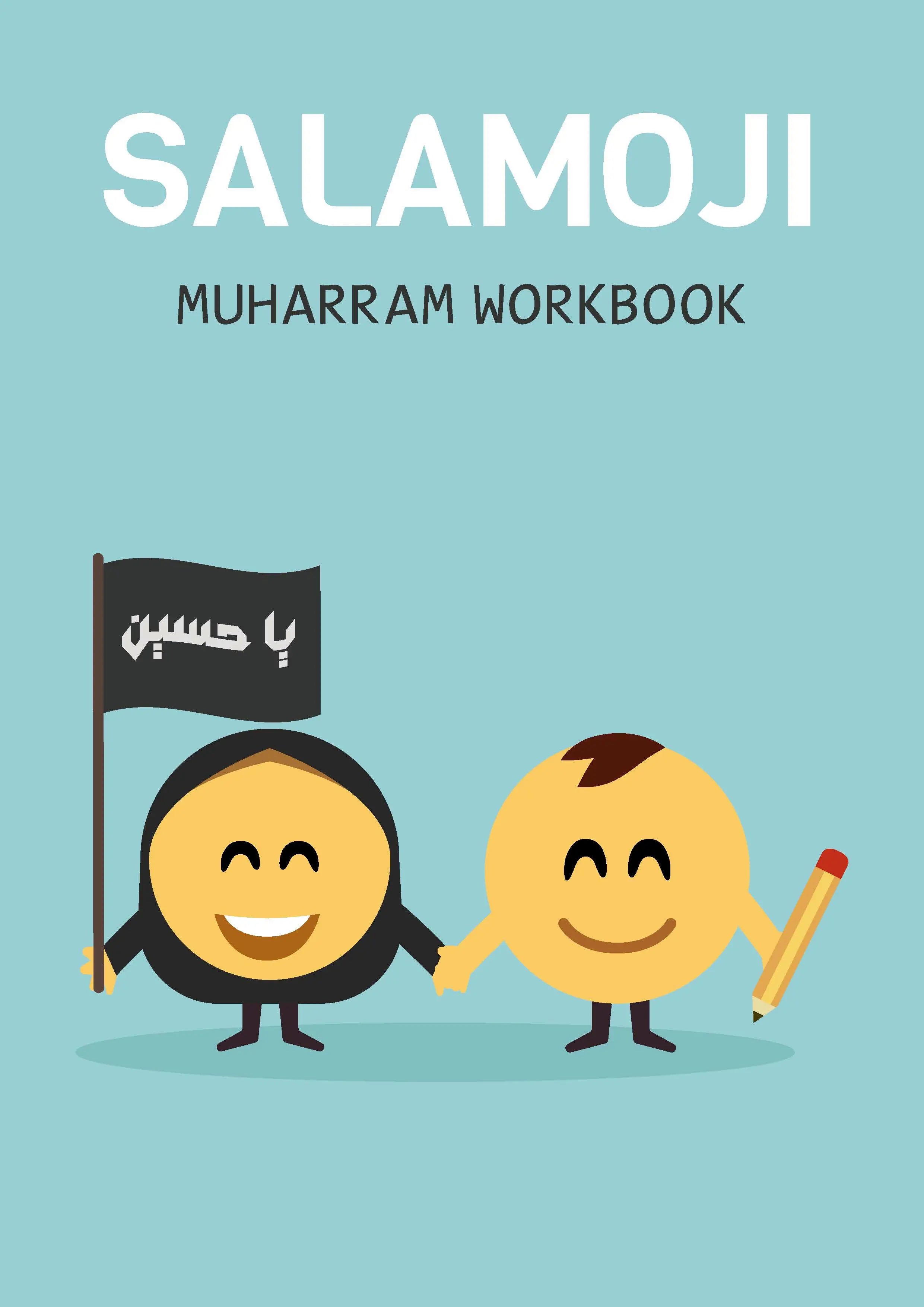 Cover of 'Salamoji Muharram Workbook' with cartoon characters and a flag on a blue background