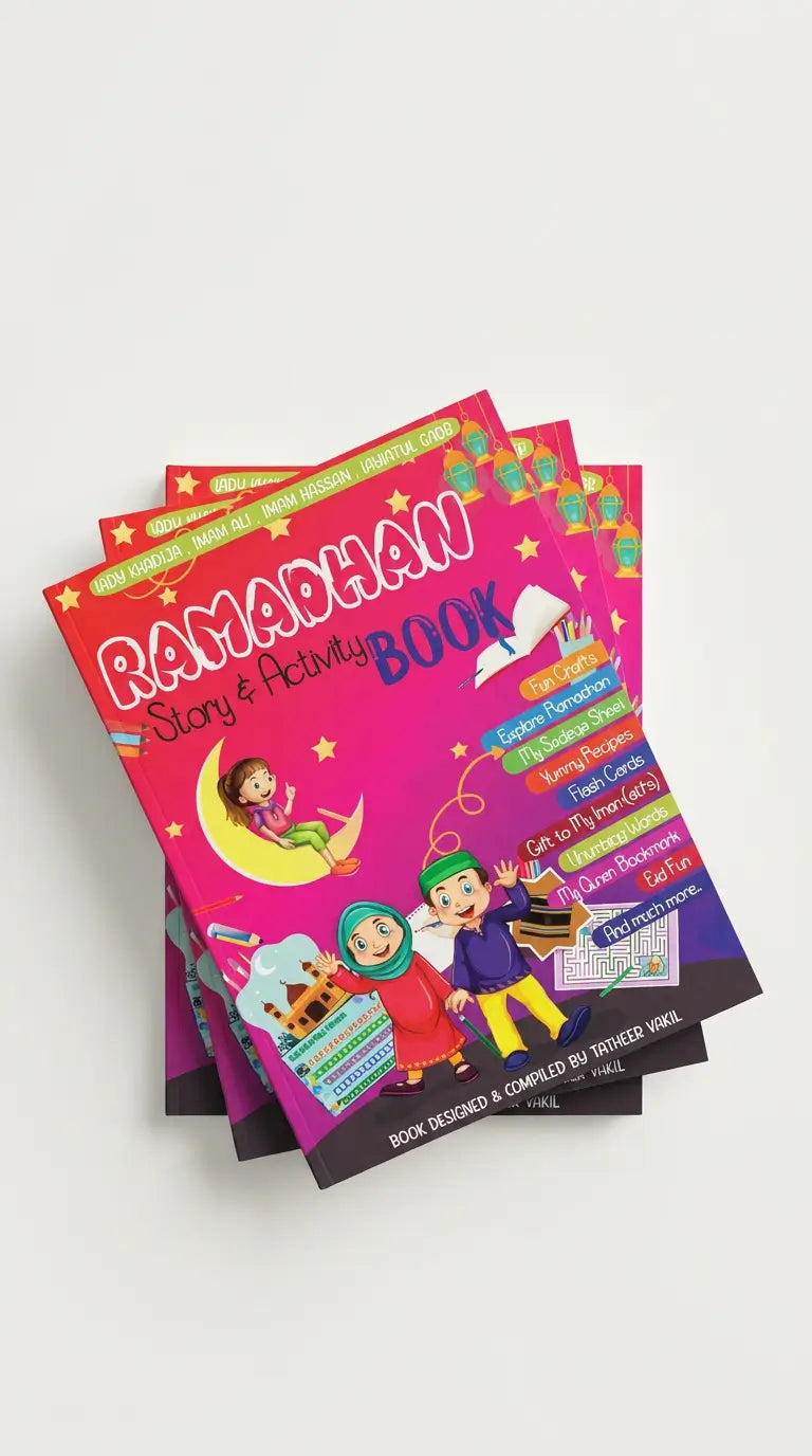 A stack of colourful Ramadan story and activity books with illustrated covers, photographed on a plain light background.
