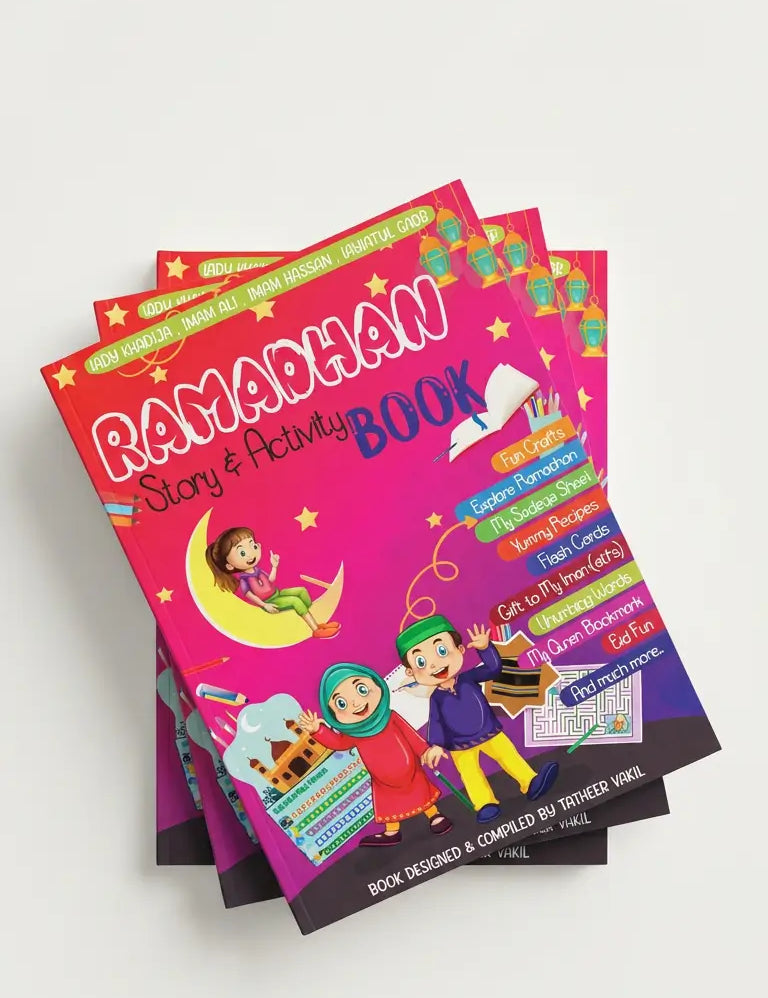 A stack of colourful Ramadan story and activity books with illustrated covers, photographed on a plain light background.