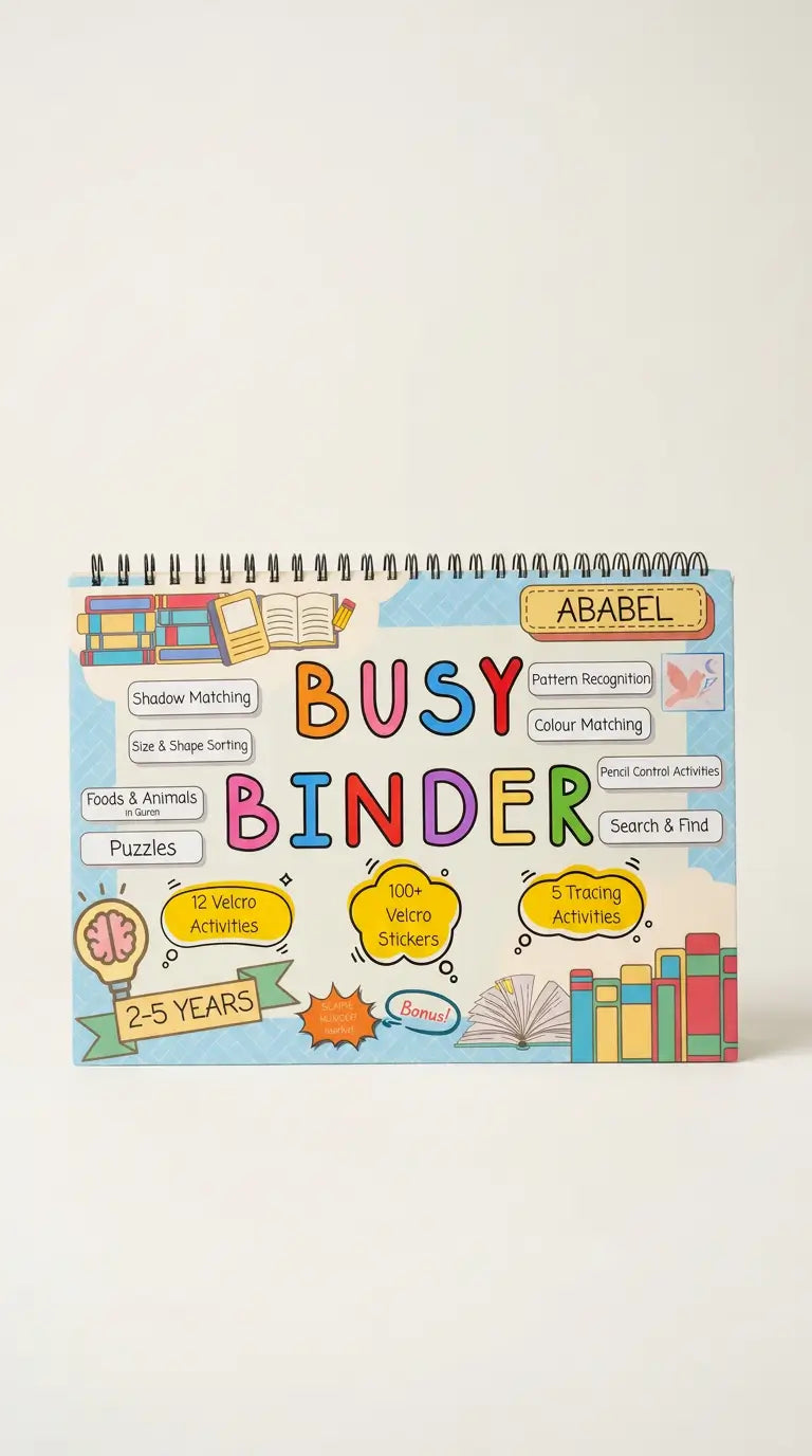 A colourful spiral-bound children's activity binder titled 'BUSY BINDER' with the name 'ABABEL' printed on the cover, photographed against a plain light beige background.