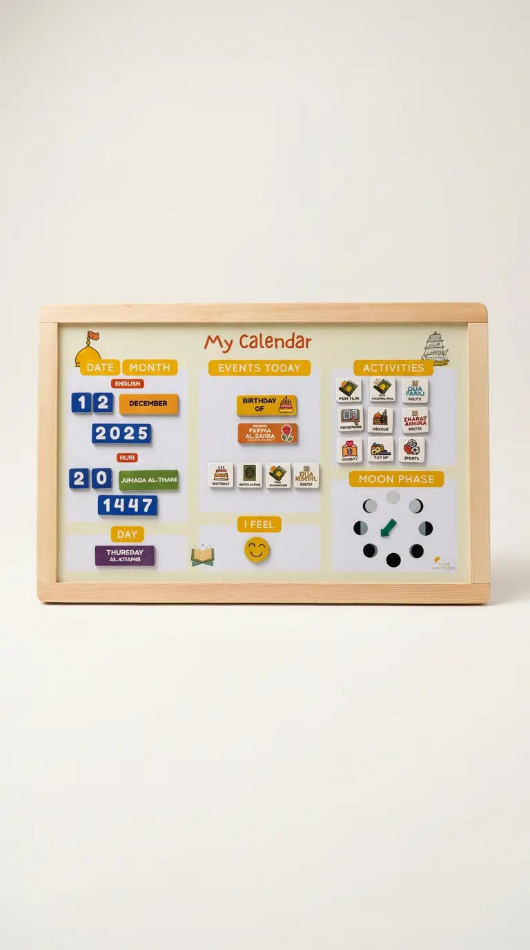 A wooden-framed 'My Calendar' magnetic board with colorful calendar tiles, event stickers, activity icons, and a moon phase tracker, photographed against a clean off-white background.