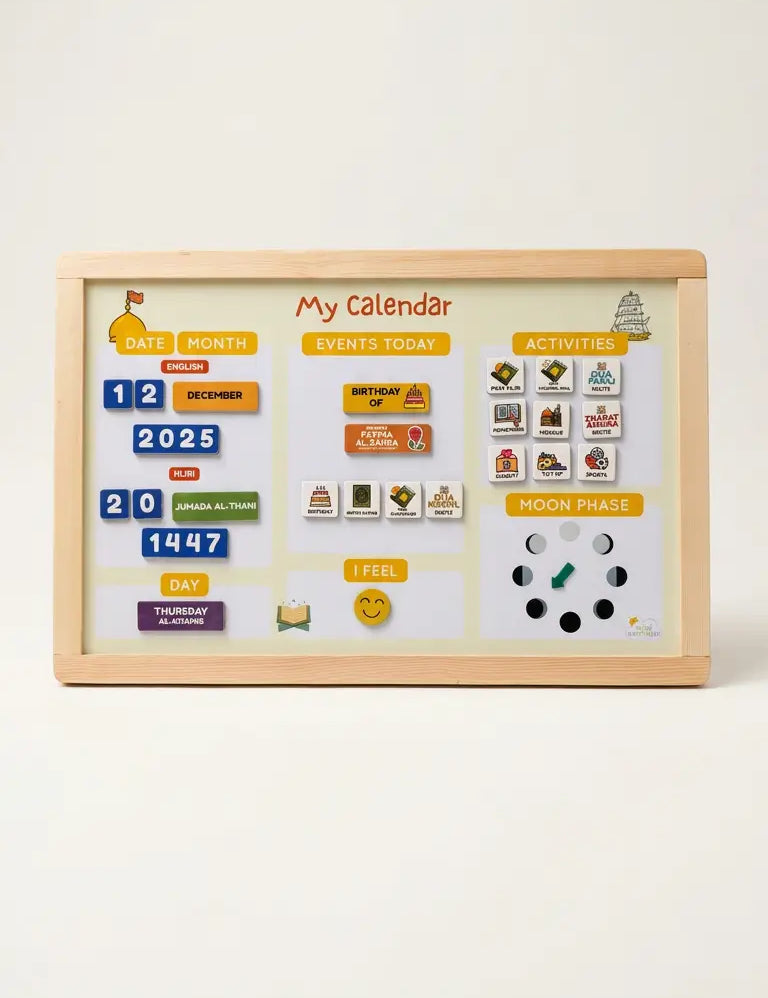 A wooden-framed 'My Calendar' magnetic board with colorful calendar tiles, event stickers, activity icons, and a moon phase tracker, photographed against a clean off-white background.