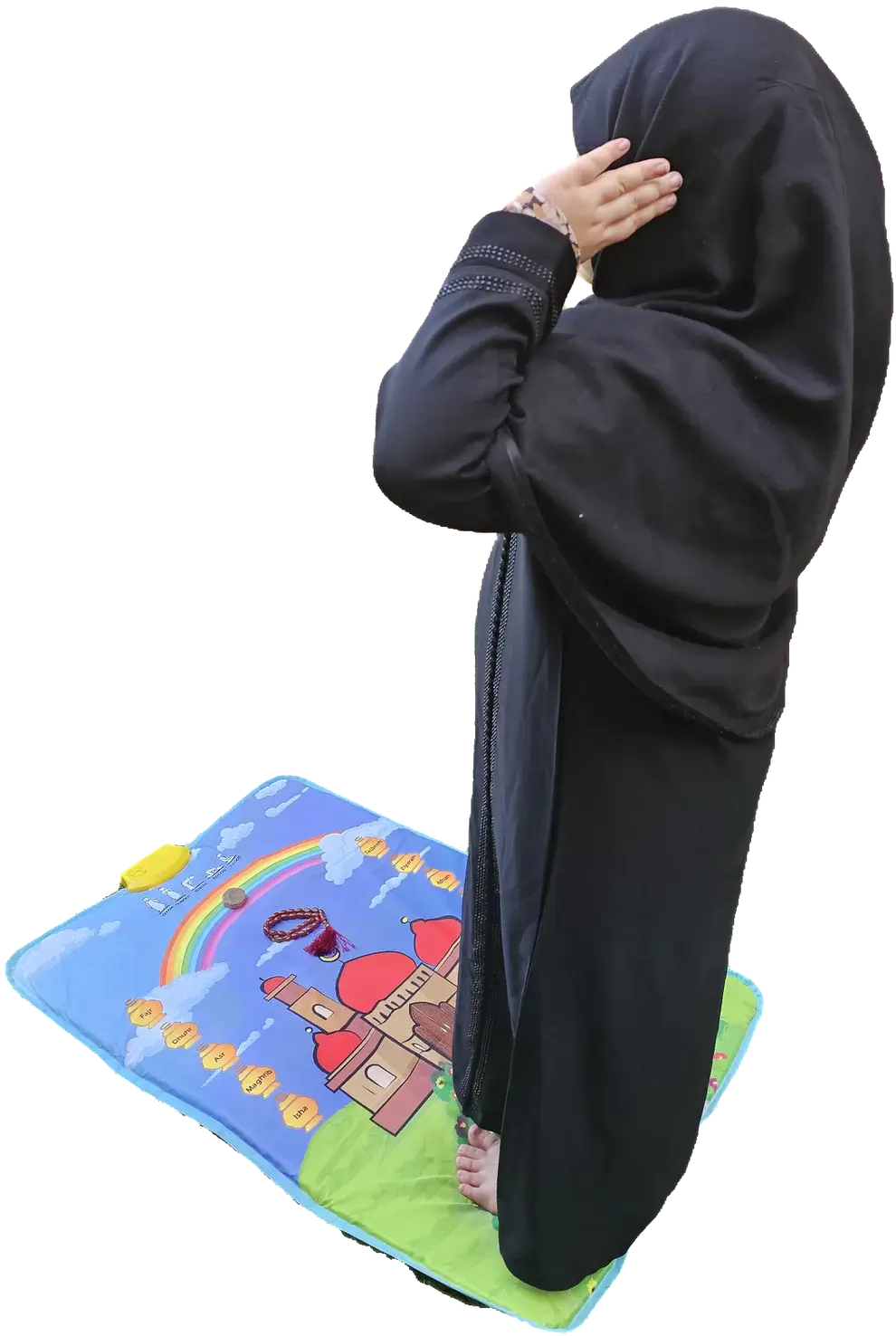 Person wearing a black abaya on a colorful prayer mat with Arabic text