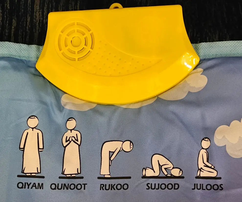 Yellow plastic device with diagrams of Islamic prayer positions on a blue fabric background