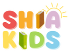 Colorful text 'SHIA KIDS' with books and a sun on a white background