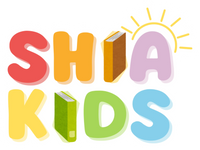 Colorful text 'SHIA KIDS' with books and a sun on a white background