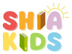 Colorful text 'SHIA KIDS' with books and a sun on a white background