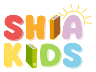 Colorful text 'SHIA KIDS' with books and a sun on a white background