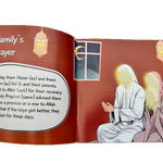 Open book with illustrated pages showing a family praying and text about Imam Hassan and Imam Husayn.