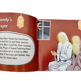Open book with illustrated pages showing a family praying and text about Imam Hassan and Imam Husayn.