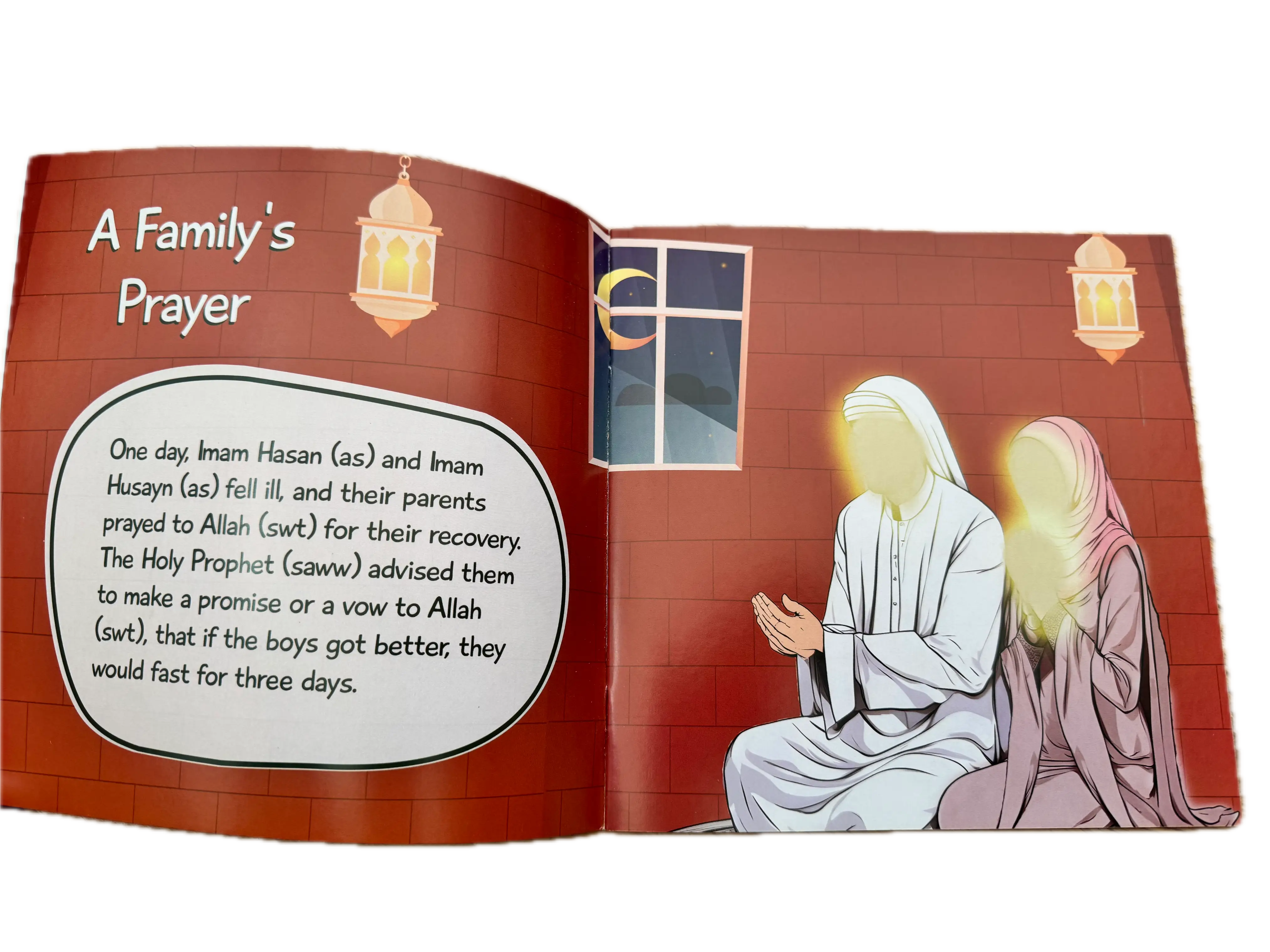 Open book with illustrated pages showing a family praying and text about Imam Hassan and Imam Husayn.