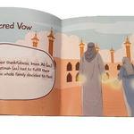 Illustration of Imam Ali (as) and Lady Fatimah (as) in traditional attire with a mosque in the background, accompanied by text about a 'Sacred Vow'.