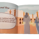 Illustration of Imam Ali (as) and Lady Fatimah (as) in traditional attire with a mosque in the background, accompanied by text about a 'Sacred Vow'.